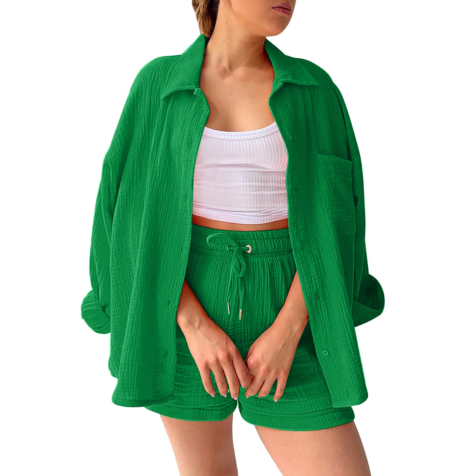 thumbnail image 4 of Conjunto de camisa holgada de solapa y un solo pecho + pantalones rectos de cintura alta para mujer - Mezcla de algodón, transpirable, mangas 7/8, 4 of 4